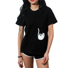 Women T Shirt 2015 Summer Style T-shirt Print Middle Finger Pocket Cat Harajuku O-neck Short Sleeve Cotton Couple Tee Plus Size