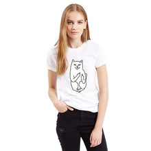 Women T Shirt 2015 Summer Style T-shirt Print Middle Finger Pocket Cat Harajuku O-neck Short Sleeve Cotton Couple Tee Plus Size