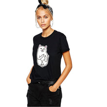 Women T Shirt 2015 Summer Style T-shirt Print Middle Finger Pocket Cat Harajuku O-neck Short Sleeve Cotton Couple Tee Plus Size
