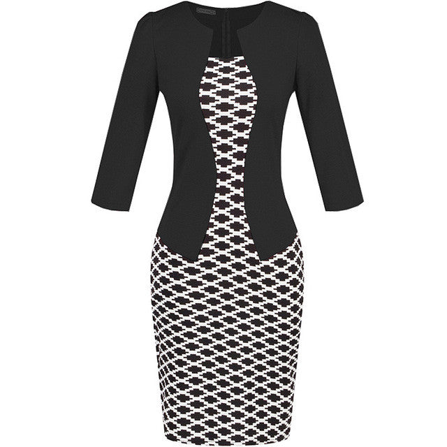 Women One-Piece Faux Jacket 2016 Bodycon Women Fashion Sheath Dress Office Lady Patchwork Tunic Knee Length Work Pencil Dresses