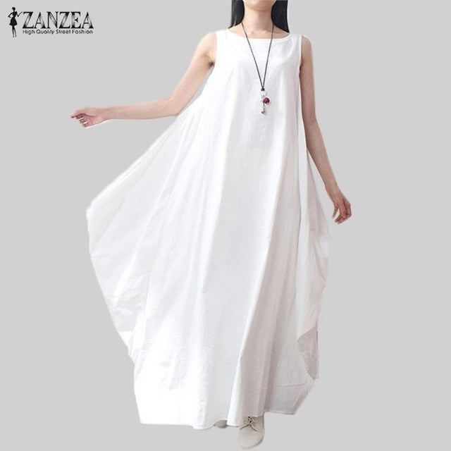 Casual Retro Solid Summer Dress 2017 Women Elegant Loose Sleeveless O Neck Dress Cotton Linen Long Maxi Dress Vestidos Plus Size