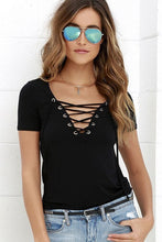 2017 Summer Fashion Women T-shirts Short Sleeve Sexy Deep V Neck Bandage Shirts Women Lace Up Tops Tees T Shirt S-5XL