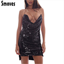 Smoves Front Draped Backless Halter Sparkle Women's Sequin Dress Shinny Mini Party Dresses Sleeveless Sexy Show Club Wear New