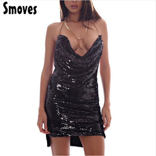 Smoves Front Draped Backless Halter Sparkle Women's Sequin Dress Shinny Mini Party Dresses Sleeveless Sexy Show Club Wear New