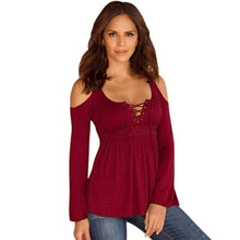 New Women Long Sleeve Off Shoulder Lace Up Neck Shirt Casual Slim Tops Blouse S1