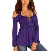 New Women Long Sleeve Off Shoulder Lace Up Neck Shirt Casual Slim Tops Blouse S1