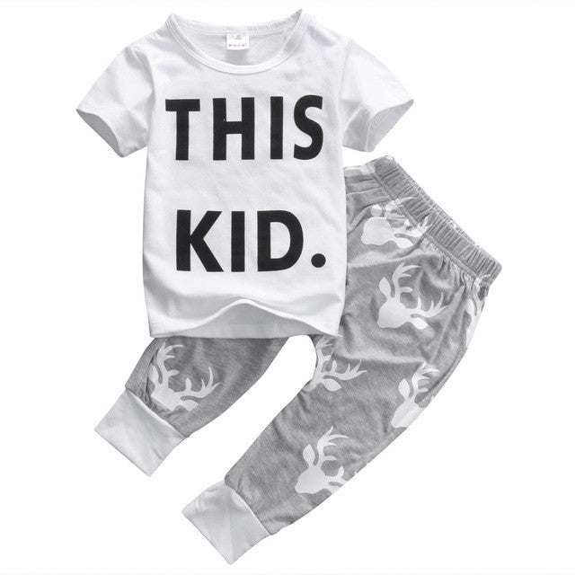 Toddler Kids Baby Boy Clothes Short Sleeve This Kid Letter Print T-shirt Top Deer Pants 2PCS Outfits Bebes Clothing Set 0-5Y