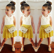 2pcs outfits set !! wholesale kids baby girls sleeveless pure white tank tops + yellow lace skirt for 2-7Y girl