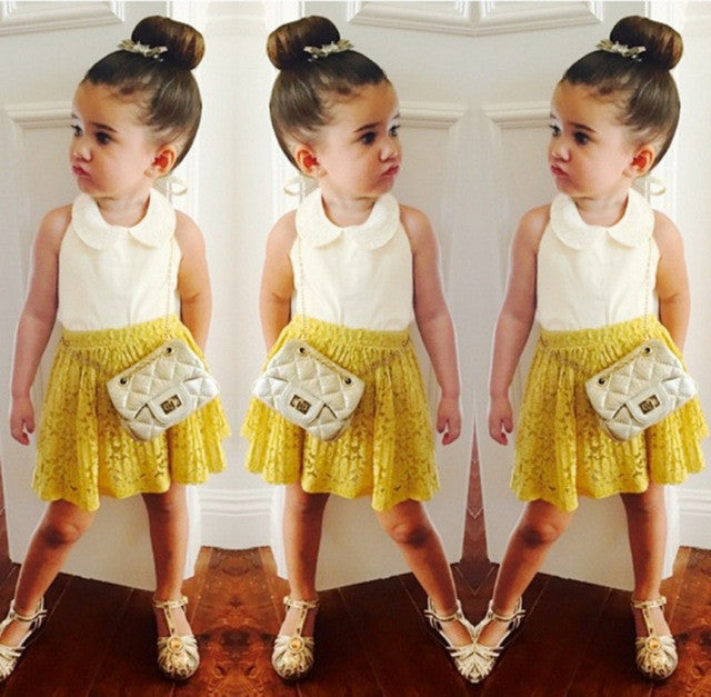 2pcs outfits set !! wholesale kids baby girls sleeveless pure white tank tops + yellow lace skirt for 2-7Y girl
