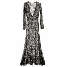 Women Floor-Length Black White Lace Dress Adjust Waist Sexy See Through Floral Vestido
