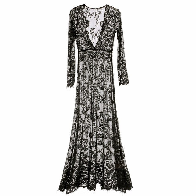 Women Floor-Length Black White Lace Dress Adjust Waist Sexy See Through Floral Vestido