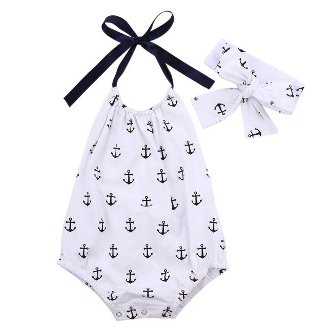 2PCS Newborn Kids Baby Girl Clothes Anchor Sleeveless Bodysuit Jumpsuit Playsuit+ Headband Outfits