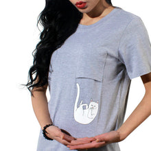2017 Summer T-shirt Women Casual Lady Top Tees Cotton Tshirt Female Brand Clothing T Shirt Printed Pocket Cat Top Cute Tee S-4XL