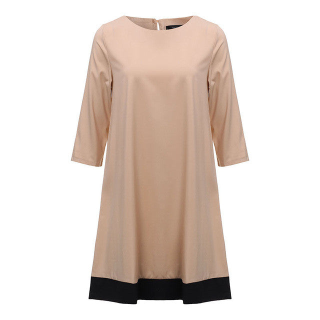 Hot 2017 New Women Dress Three Quarter Sleeve Patchwork Mini Dress Casual O Neck Back Hollow Out Button A Line Autumn Vestidos