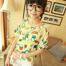Chiffon T-Shirts Ladies Loose Short Sleeve Shirts Striped Heart Lip Tops Batwing Sleeve Sexy