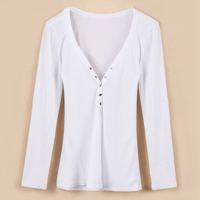 Hot Sale 2016 Sexy Dark V Neck Women T Shirt Long Sleeve Top Tees Women Button Tops Blusas Femininas Plus US Size 4-18