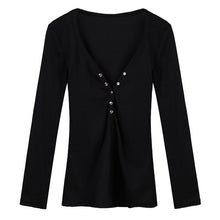 Hot Sale 2016 Sexy Dark V Neck Women T Shirt Long Sleeve Top Tees Women Button Tops Blusas Femininas Plus US Size 4-18