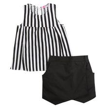 2015 Kids Baby Girls Vertical Stripe Sleeveless Tops Blouse Black + Short Pants 2pcs Outfits Summer Clothes  2~7Y
