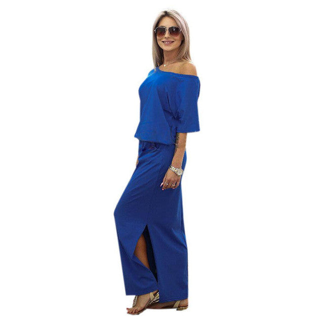 2017 New Sexy Summer Women Boho Maxi Dress Short Sleeve Side Slit Loose Evening Party Long Beach Dress with Pocket Vestidos