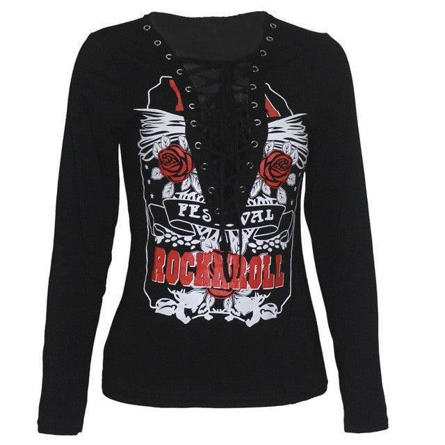 Sexy Shirt 2017 Fashion Womens Punk Deep V Neck Lace Up Long Sleeve Tops Flowers Print Slim Shirt Autumn Winter Blouse