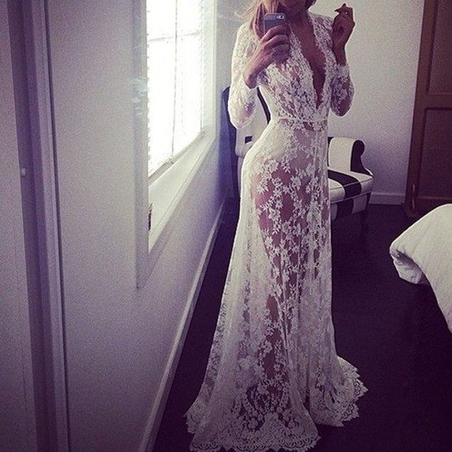 European Style 2017 New Summer Women Dress Sexy Lace Embroidery Maxi Long Dresses Long Sleeve Deep V Neck Plus Size Vestidos