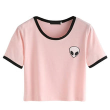 Women Hipster Harajuku Cute Stripe Short Sleeve Cotton Tshirts Crop Top Tee Alien Embroidery T Shirt 2016