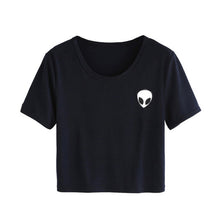 Women Hipster Harajuku Cute Stripe Short Sleeve Cotton Tshirts Crop Top Tee Alien Embroidery T Shirt 2016