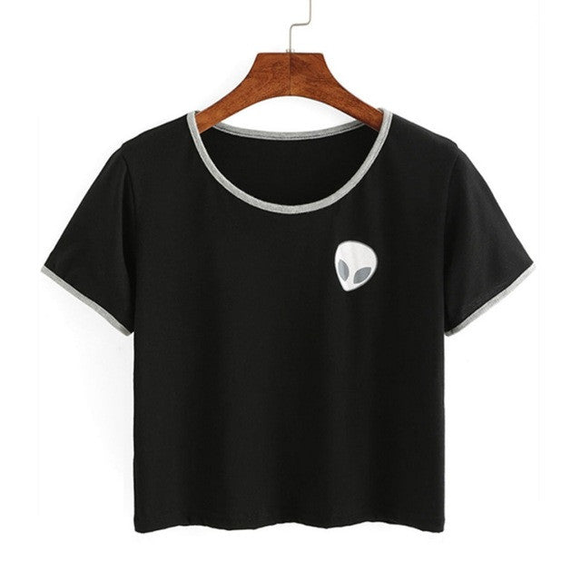 Women Hipster Harajuku Cute Stripe Short Sleeve Cotton Tshirts Crop Top Tee Alien Embroidery T Shirt 2016