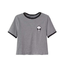 Women Hipster Harajuku Cute Stripe Short Sleeve Cotton Tshirts Crop Top Tee Alien Embroidery T Shirt 2016
