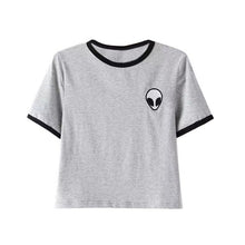 Women Hipster Harajuku Cute Stripe Short Sleeve Cotton Tshirts Crop Top Tee Alien Embroidery T Shirt 2016