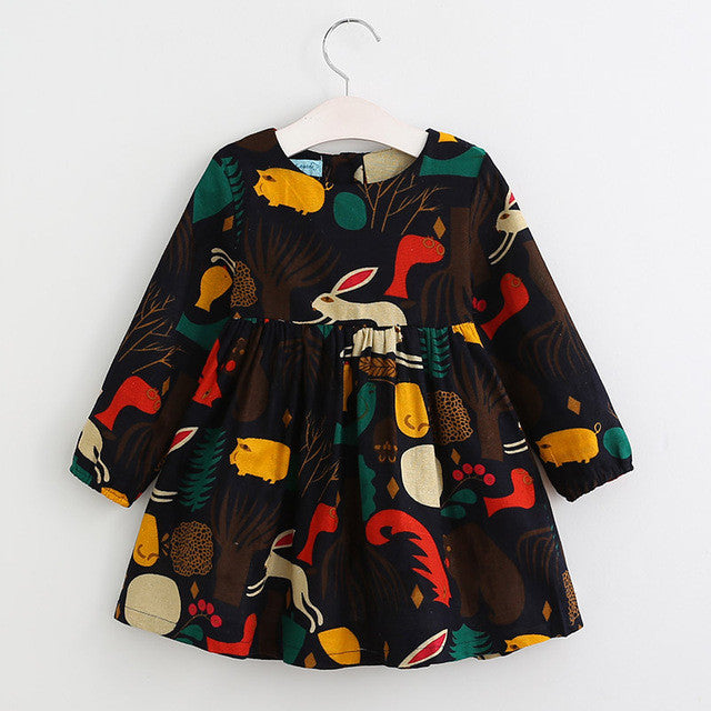 Keelorn Girls Dresses 2017 Autumn Winter Girls Dress O-neck Long Sleeve Cartoon Forest Animals Graffiti for Kids Clothes