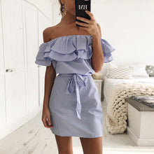 2017 New Summer Dresses Fashion Women Cute Casual Sexy Slash Neck Off Shoulder Ruffles Stripe Cotton Linen Mini Dress Vestidos