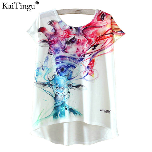 KaiTingu Summer Kawaii Cute Fashion T Shirt Harajuku High Low Style Print T Shirt Short Sleeve T-shirt Women Tops Plus Size