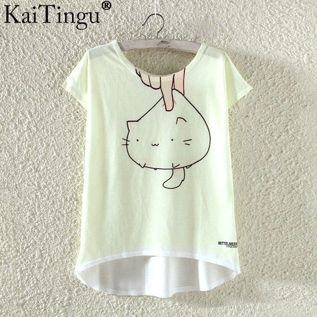 KaiTingu Summer Kawaii Cute Fashion T Shirt Harajuku High Low Style Print T Shirt Short Sleeve T-shirt Women Tops Plus Size