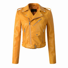 2017 New Autumn Witner Women Motorcycle Faux PU Leather Yellow Black Jackets Lady Biker Outerwear Coat with Belt Hot Sale