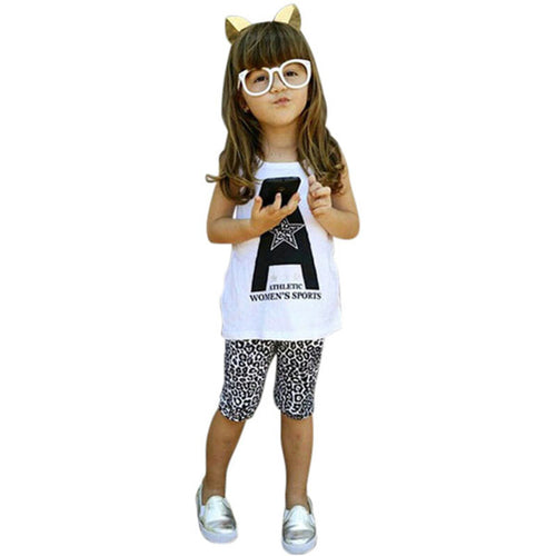 2PCS Summer New Toddler Kids Girls Vest Soft T-shirt Tops Leopard Pants Outfits Clothes 2-7Y