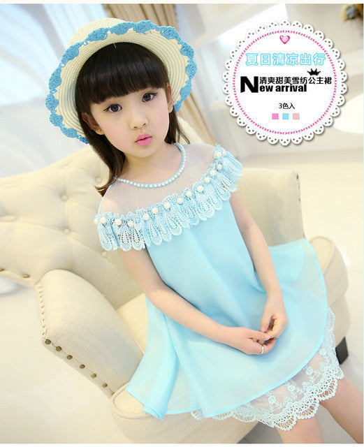 2017 New Summer Costume Girls Princess Dress Children's Evening Clothing Kids Chiffon Lace Dresses Baby Girl Party Pearl Dress