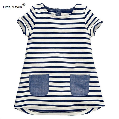2017 Little Maven 1-7 Years Girls Short Sleeve Blue Stripe Summer Dress Cotton Casual Dresses Kids Clothing KF047