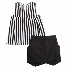 2015 Kids Baby Girls Vertical Stripe Sleeveless Tops Blouse Black + Short Pants 2pcs Outfits Summer Clothes  2~7Y