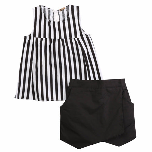 2015 Kids Baby Girls Vertical Stripe Sleeveless Tops Blouse Black + Short Pants 2pcs Outfits Summer Clothes  2~7Y