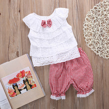2PCS Toddler Kids Baby Girls Outfit Clothes Cute Lace Plaid Sets Sleeveless shirt Tops+ short Pants Trousers Hot Sale