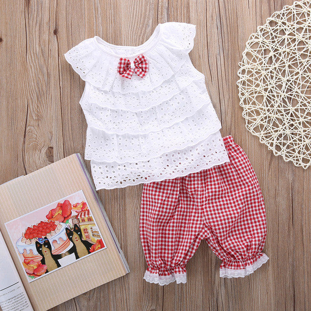 2PCS Toddler Kids Baby Girls Outfit Clothes Cute Lace Plaid Sets Sleeveless shirt Tops+ short Pants Trousers Hot Sale