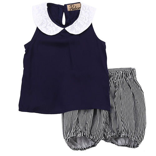 Toddler Kids Girl Beach Outfits Girls Summer outfits Turn-down Collar Clothes T-shirt Vest Tops+Striped Shorts Pants 2PCS Set
