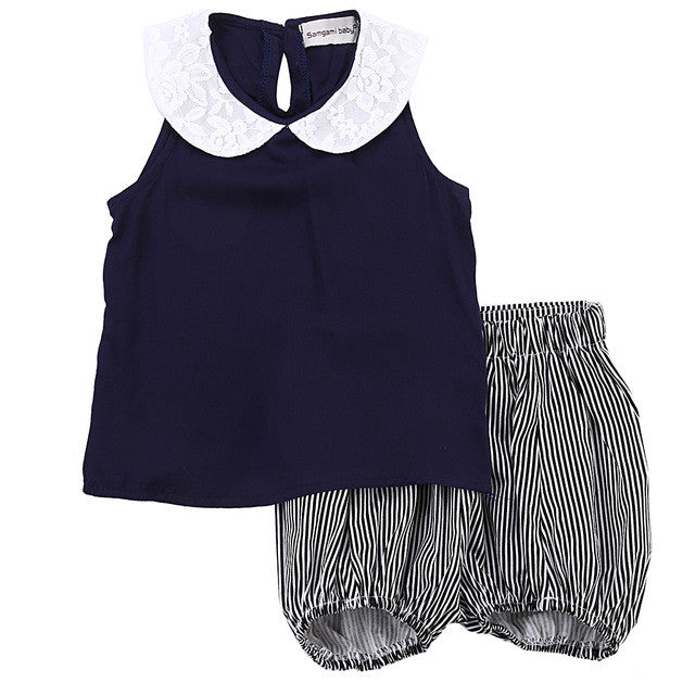 Toddler Kids Girl Beach Outfits Girls Summer outfits Turn-down Collar Clothes T-shirt Vest Tops+Striped Shorts Pants 2PCS Set