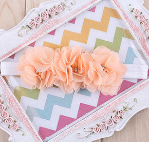 TWDVS  Newborn Flower Elastic Hair Band Headband Kids Chiffon 3 Flower Pearl Diamond Ring Hair Accessories Flower Headbands W045