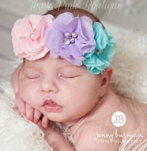 TWDVS  Newborn Flower Elastic Hair Band Headband Kids Chiffon 3 Flower Pearl Diamond Ring Hair Accessories Flower Headbands W045