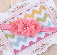 TWDVS  Newborn Flower Elastic Hair Band Headband Kids Chiffon 3 Flower Pearl Diamond Ring Hair Accessories Flower Headbands W045