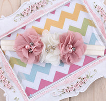TWDVS  Newborn Flower Elastic Hair Band Headband Kids Chiffon 3 Flower Pearl Diamond Ring Hair Accessories Flower Headbands W045