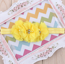 TWDVS  Newborn Flower Elastic Hair Band Headband Kids Chiffon 3 Flower Pearl Diamond Ring Hair Accessories Flower Headbands W045
