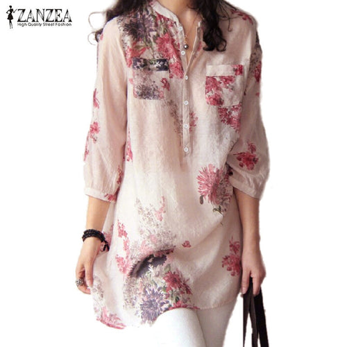 ZANZEA 2017 Summer Women Blusas Vintage Floral Printed Blouses Elegant 3/4 Sleeve Casual Loose Long Tops Shirts Plus Size